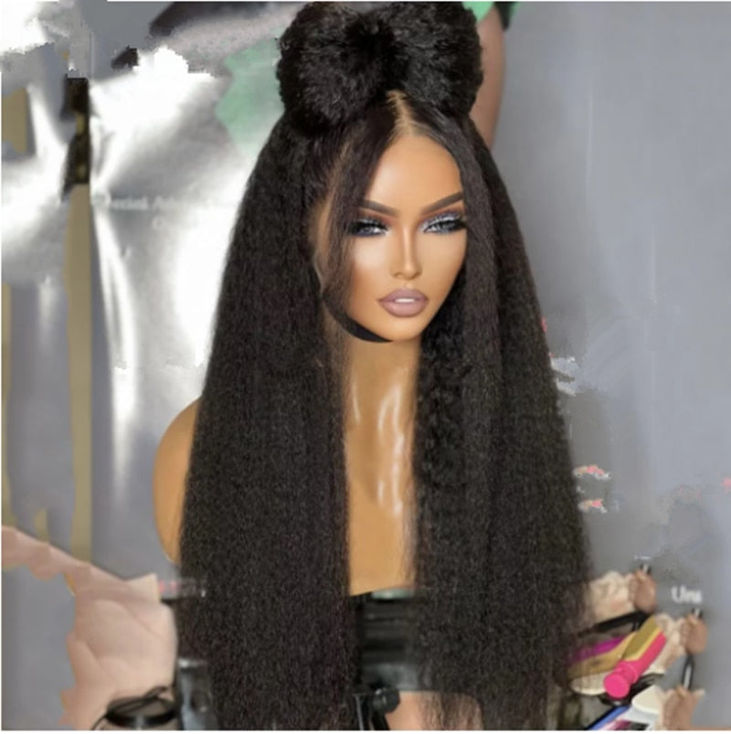 Soft Black Natural Long 28 inch Yaki Kinky Straight Hair Wig For