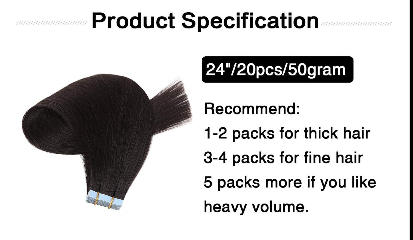 Tape in Hair Extensions Human Hair 100% Remy Human Hair Natural Black 50g/pack 20pcs Straight Seamless Skin Weft Tape Hair Extensions(up to 24 inches #1B Off Black)