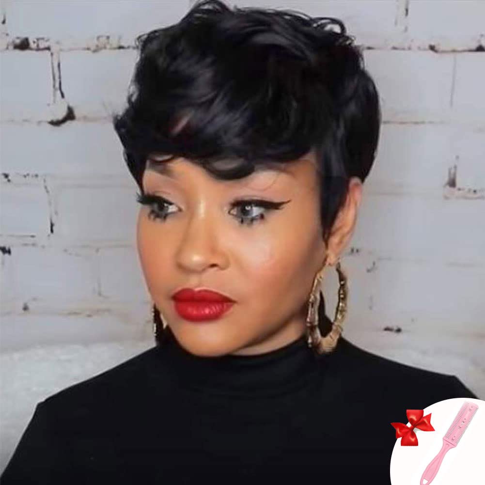 Firstina Short Pixie Cut Wavy Wig with Bangs Color Black Natural