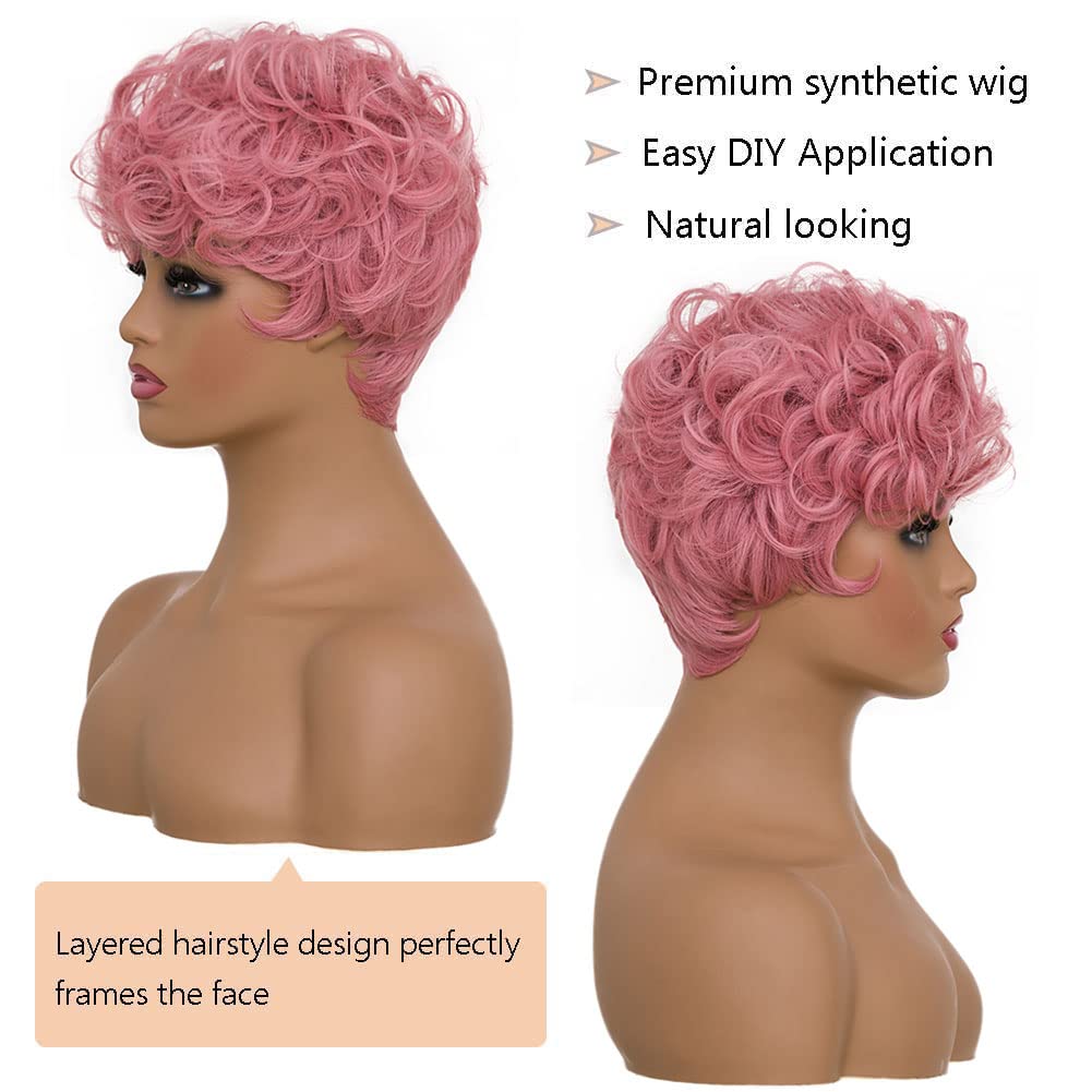 Firstina Short Pixie Cut Curly Wig with Bangs Color Pink Natural